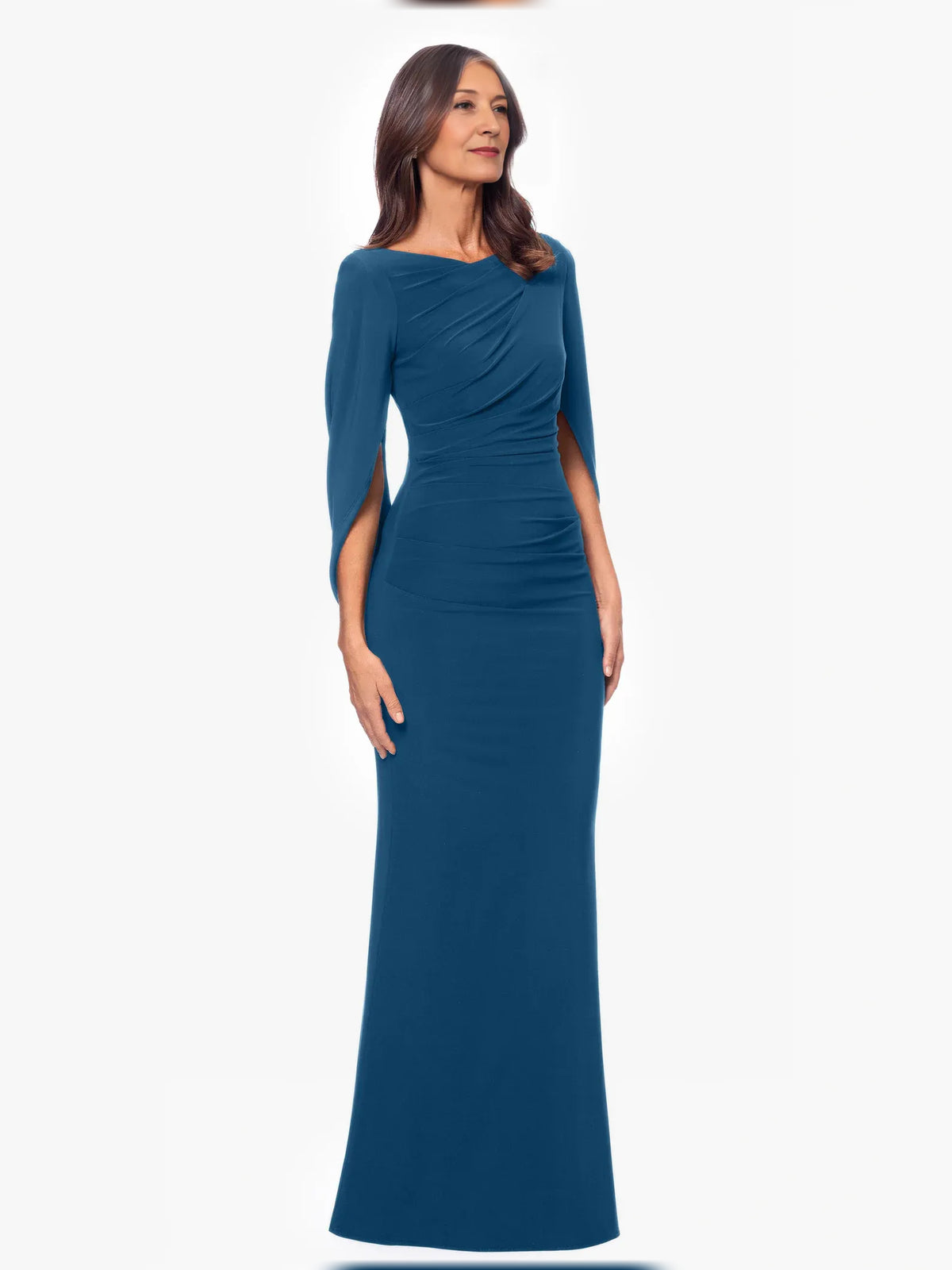 Teal floor-length mother of the bride dress, alternate view showing the dress shape and hem