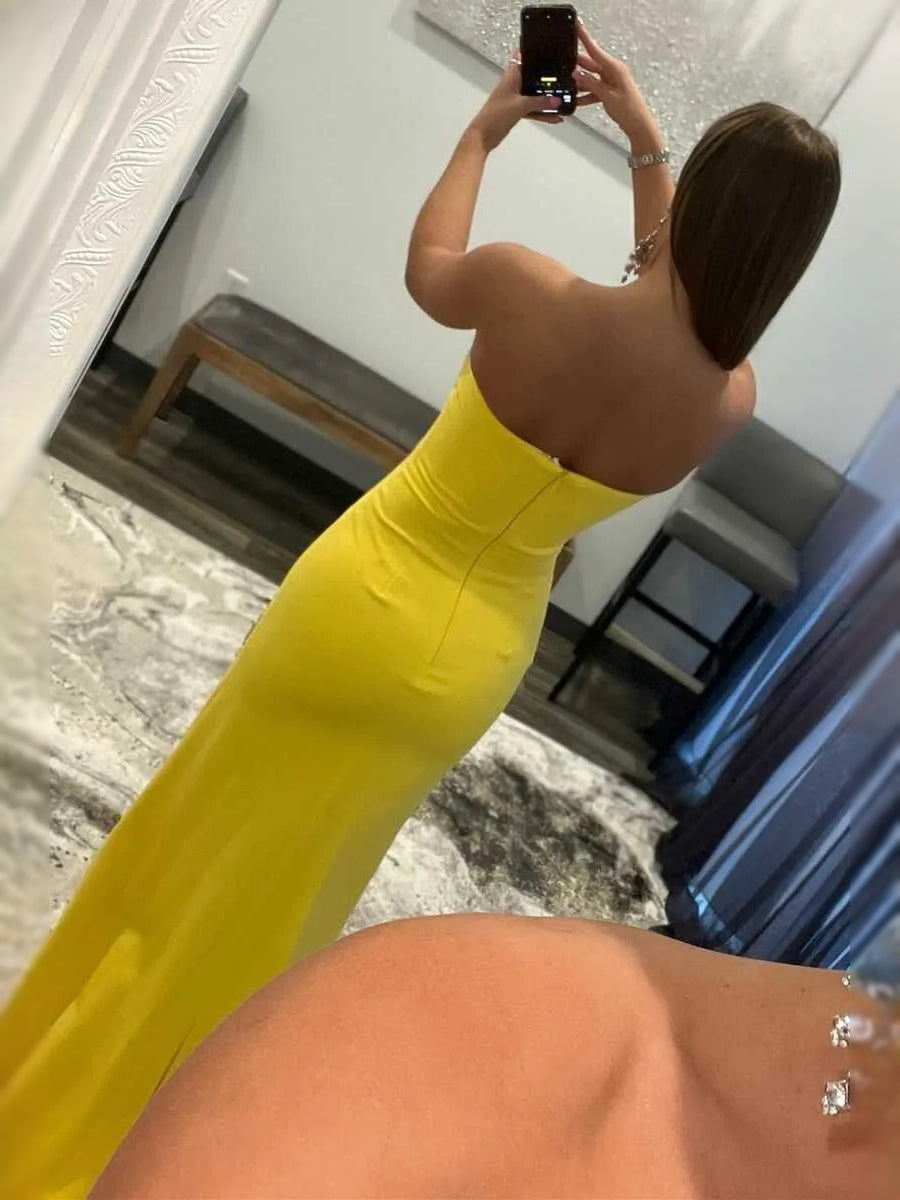 Yellow maxi prom dress, back view showing the rear of the dress from another angle