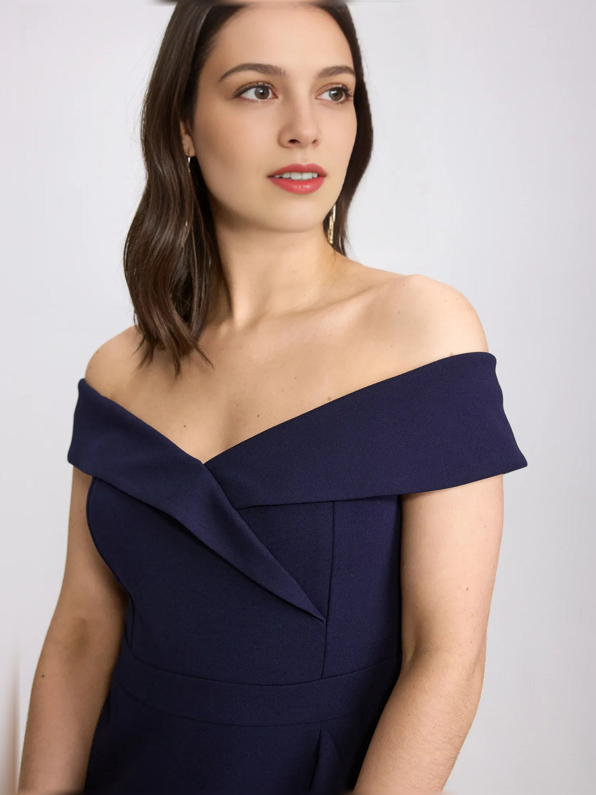 Dark Navy mermaid midi formal dress with ruffle details, alternate view