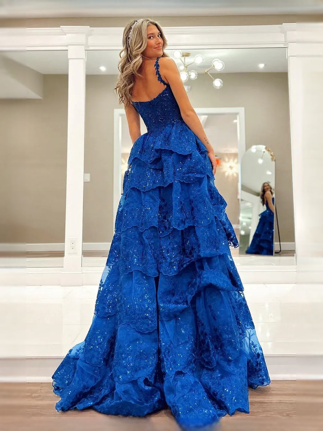 Royal Blue maxi prom dress, back view showing the rear of the dress from another angle