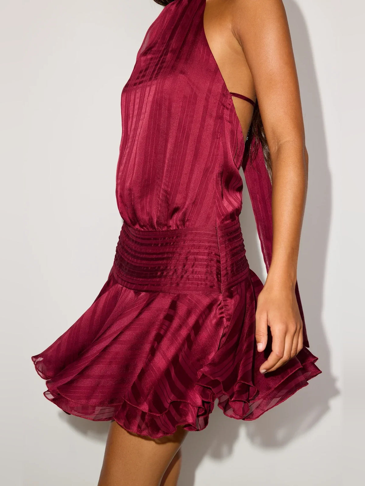 Deep Red mini homecoming dress, alternate view showing the dress shape and hem