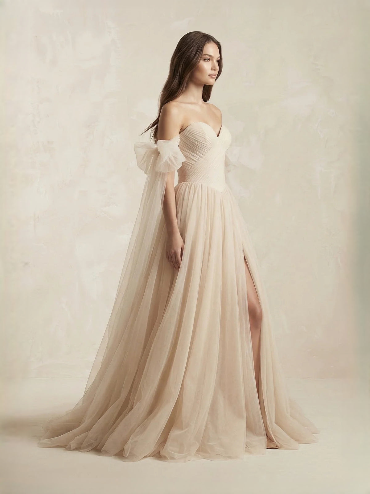 Champagne floor-length prom dress, alternate view showing the dress shape and hem