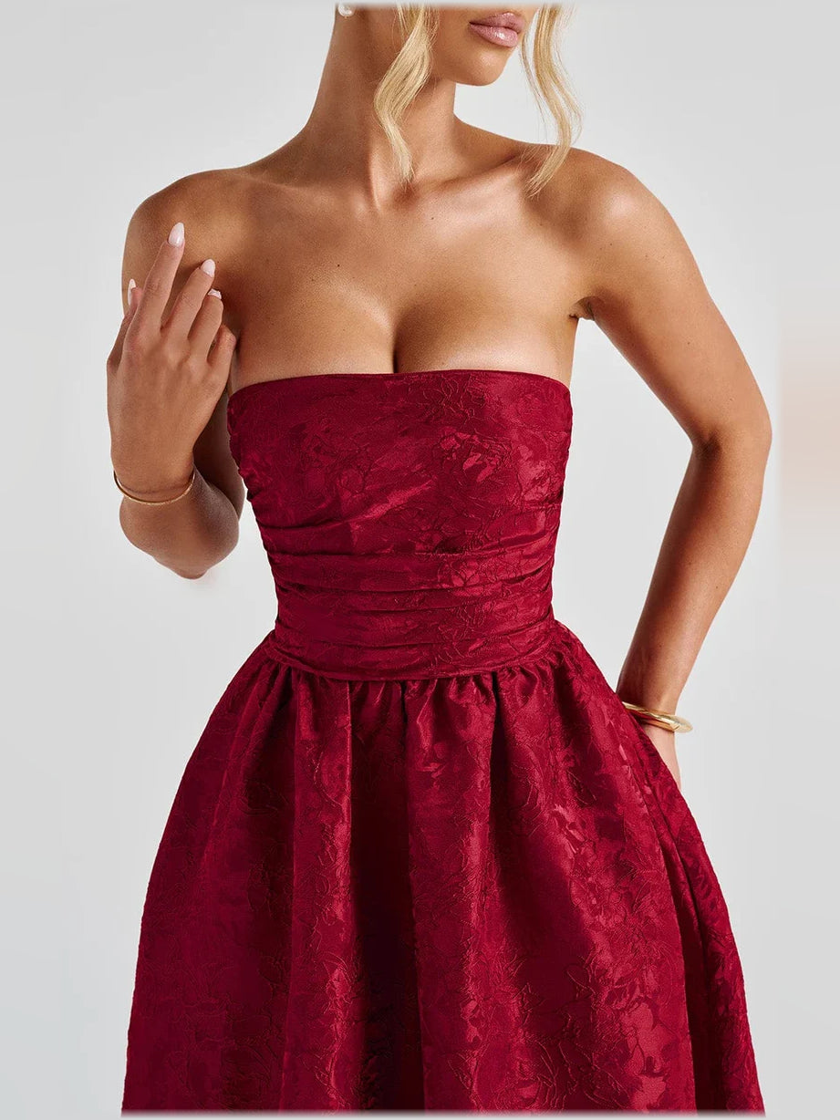 Red midi formal dress with ruching, alternate view