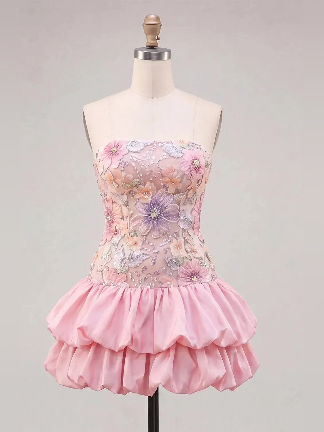 Pink mini homecoming dress, alternate view showing the dress shape and hem