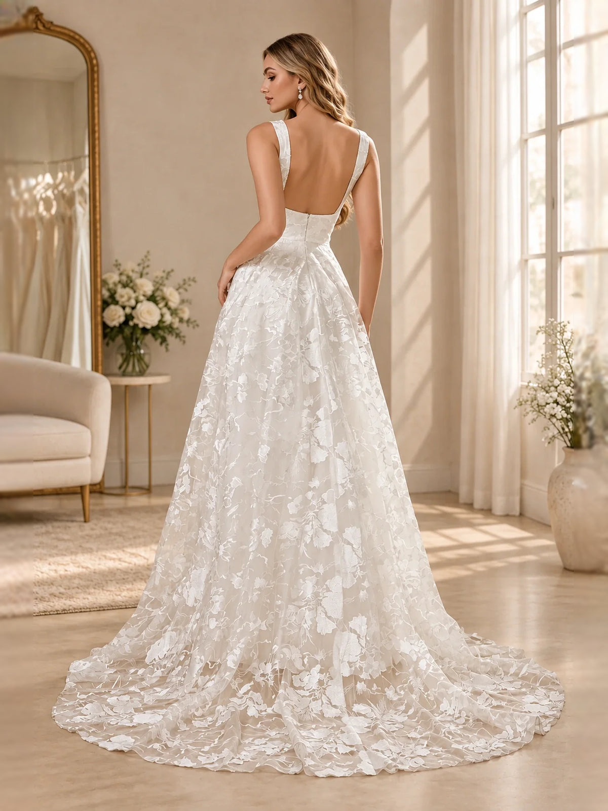 Ivory floor-length wedding dress, alternate view showing the dress shape and hem
