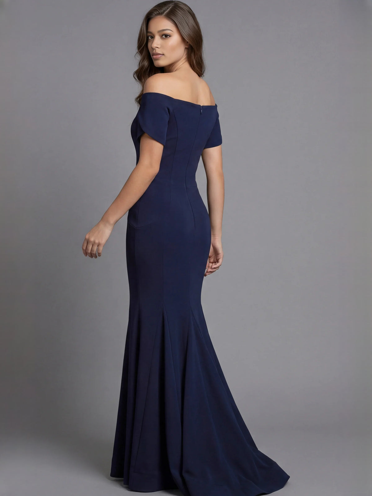 Navy Blue mermaid floor-length formal dress with off-the-shoulder neckline, alternate view showing the bodice