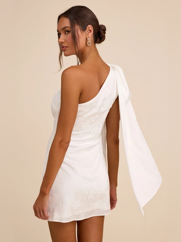 White mini homecoming dress, alternate view showing the dress shape and hem