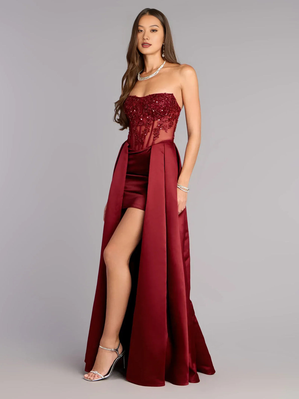 Burgundy a-line mini formal dress with beading, alternate view