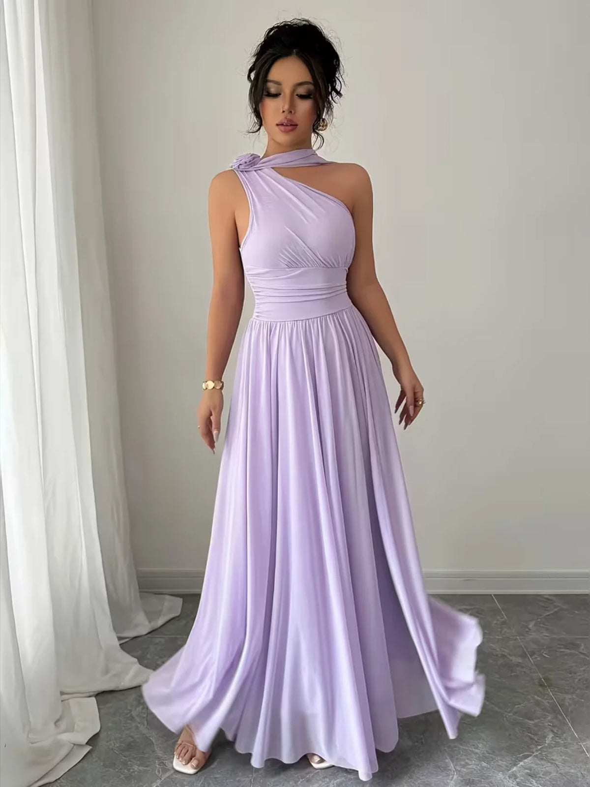 Lilac maxi prom dress, alternate view showing the dress shape and hem