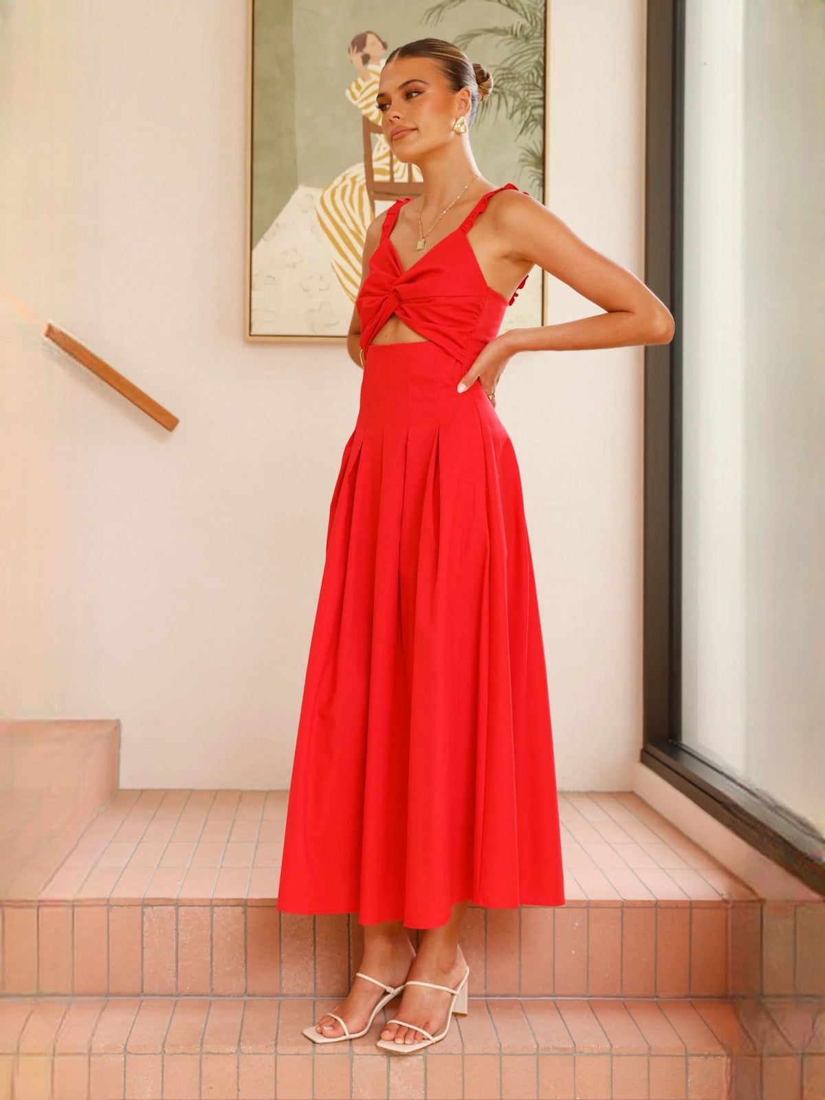 Red a-line maxi formal dress with pleated skirt, alternate view