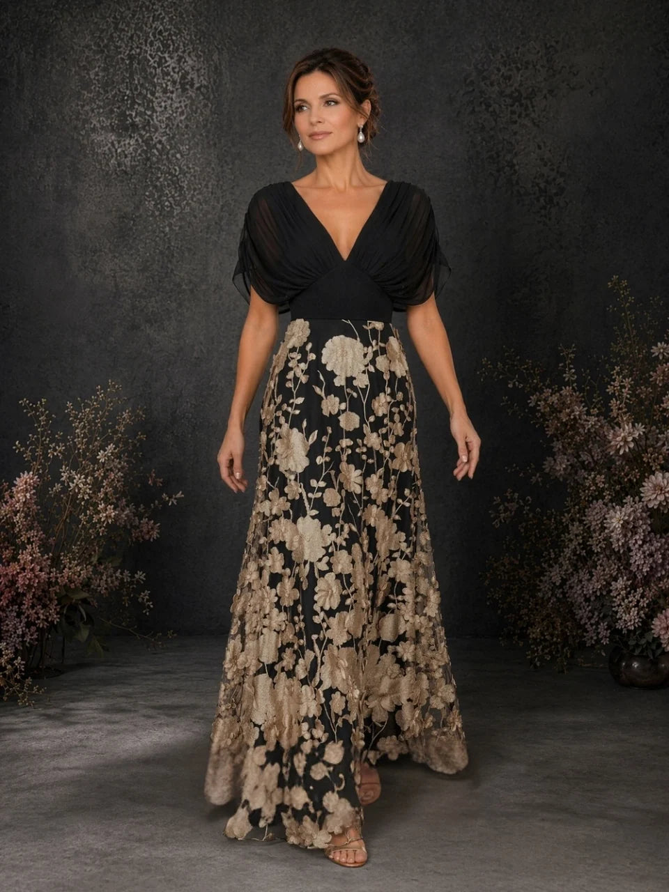 Black floor-length mother of the bride dress, alternate view showing the dress shape and hem