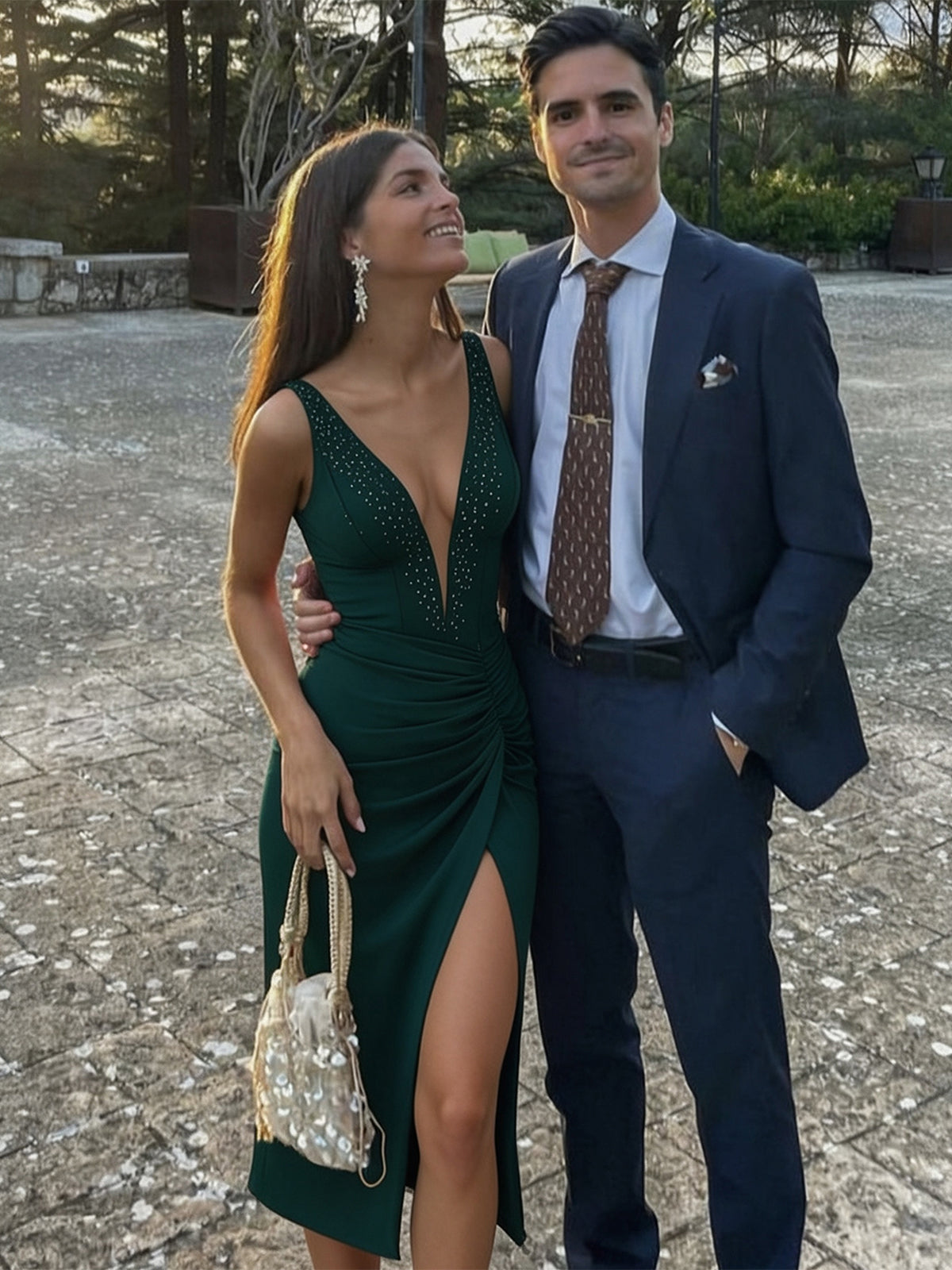 Product view 3 of Plunging Neckline Beaded High-Slit Formal Dress