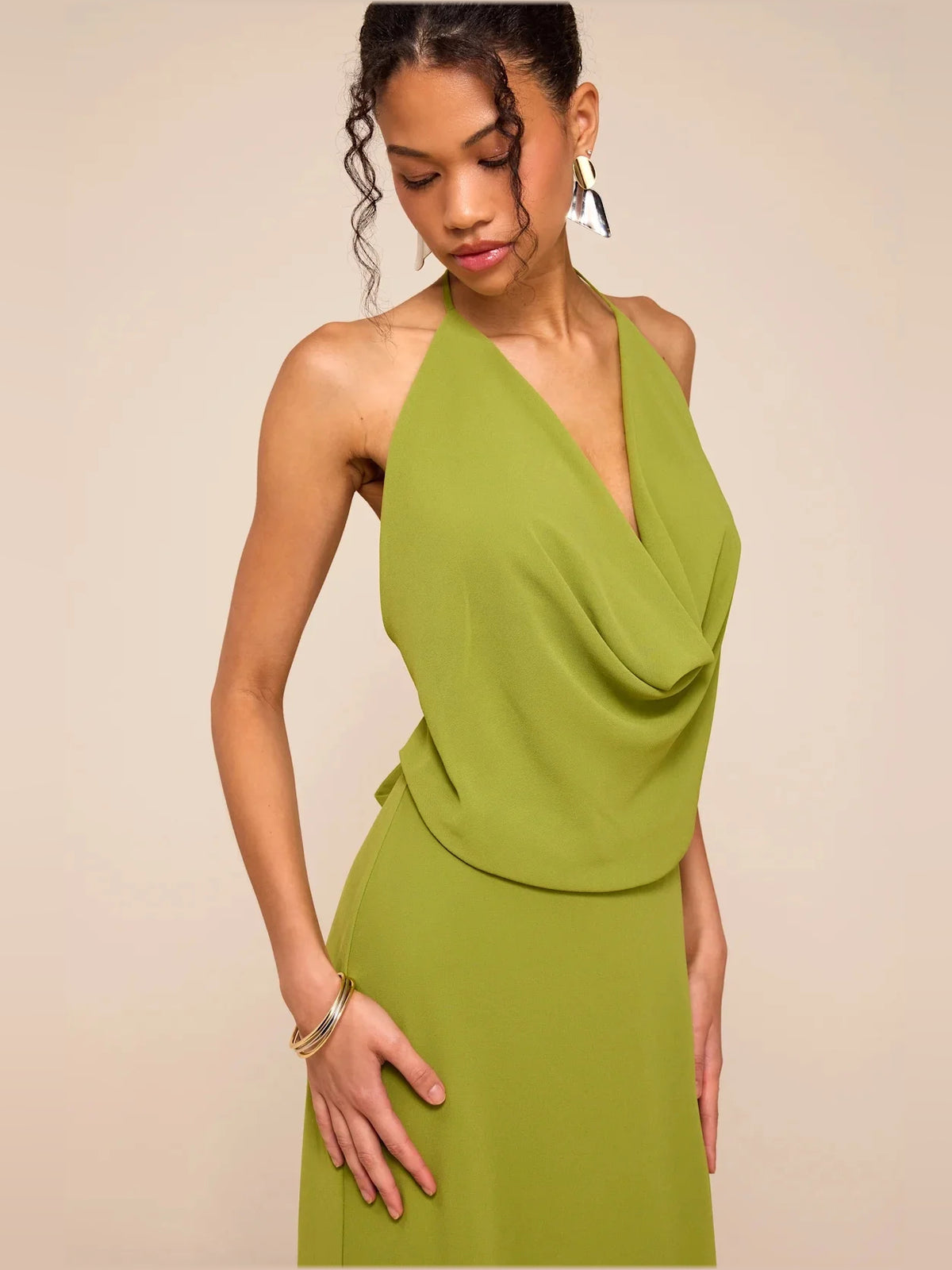 Olive Green maxi bridesmaid dress, alternate view showing the dress shape and hem