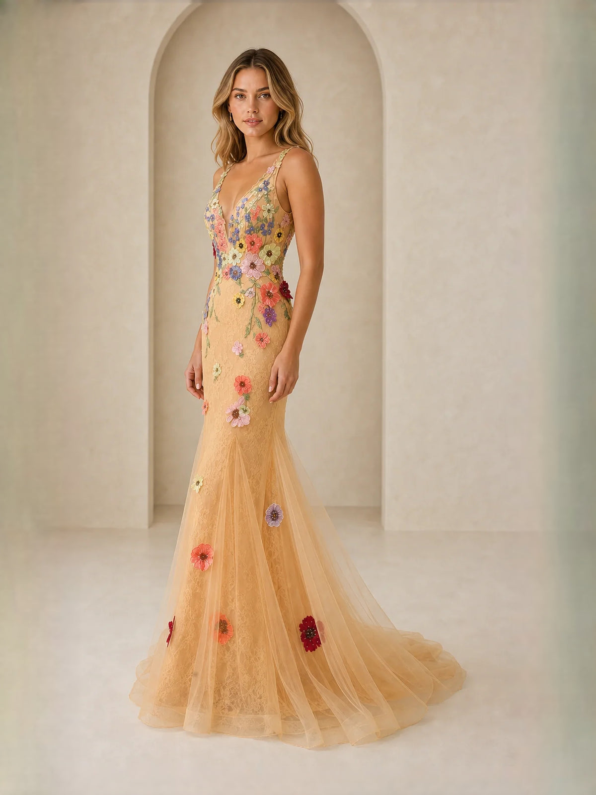 Orange floor-length prom dress, alternate view showing the dress shape and hem