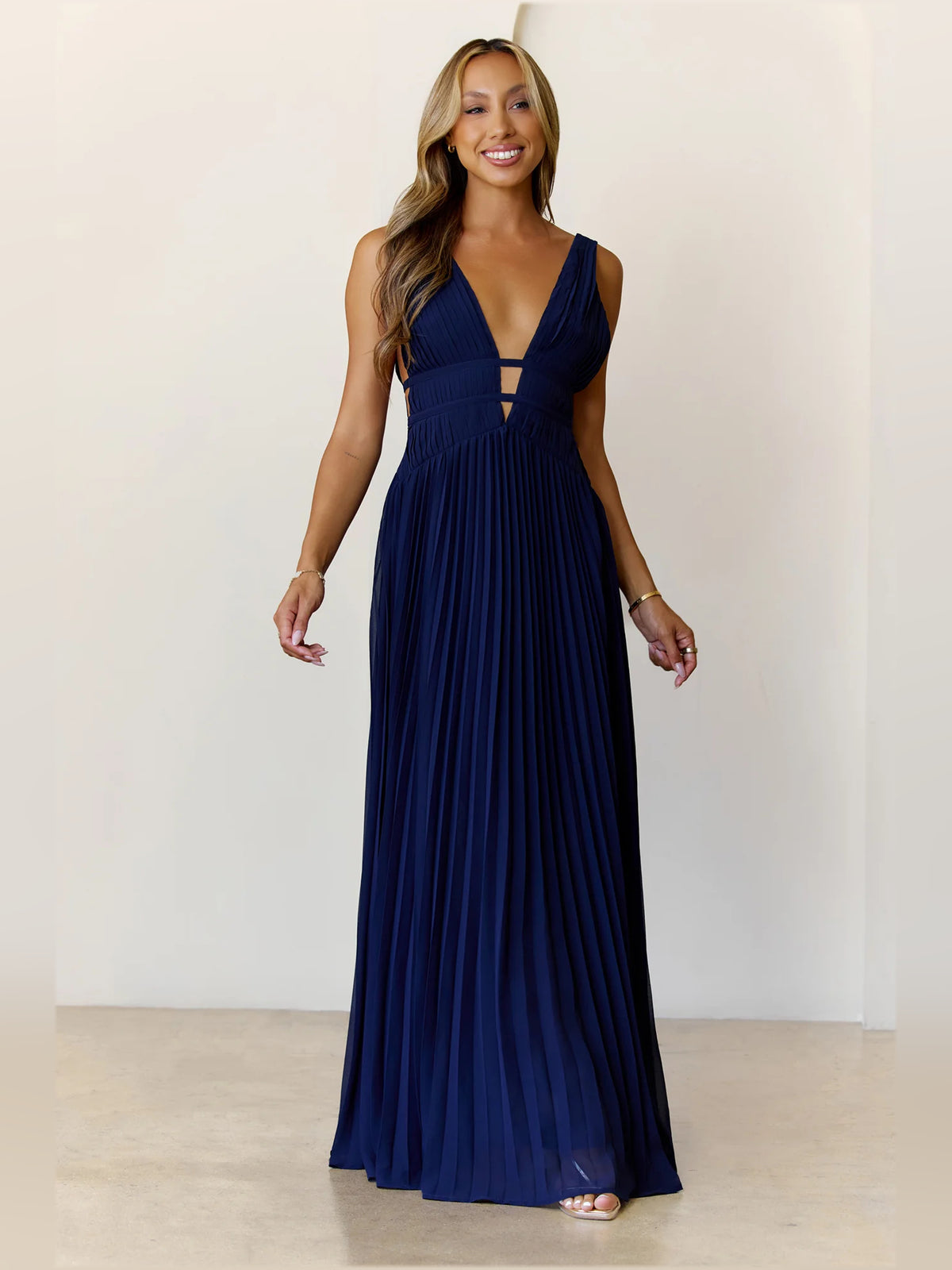 Navy a-line maxi formal dress with pleated skirt, alternate view