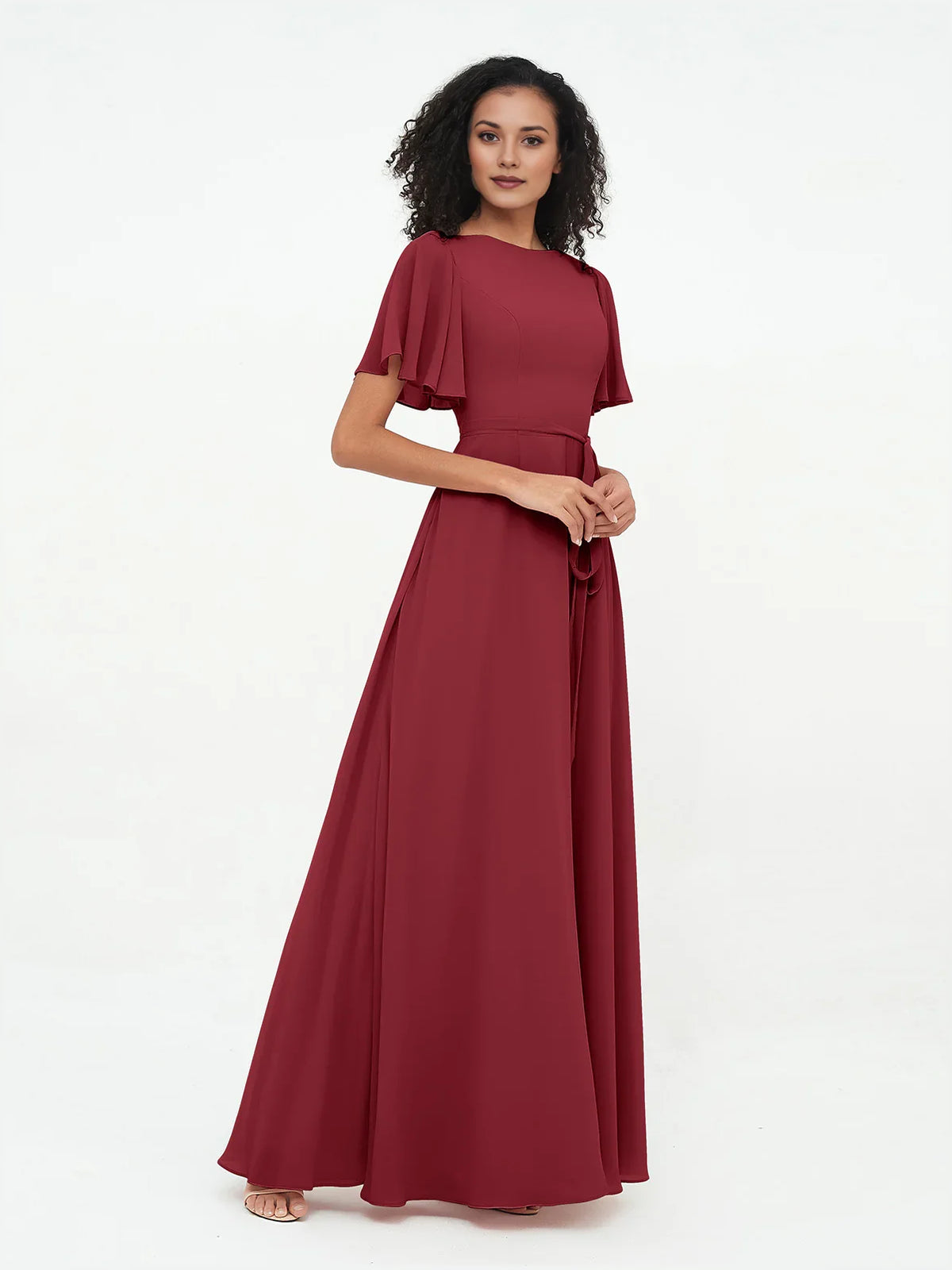 Burgundy maxi bridesmaid dress, alternate view showing the dress shape and hem