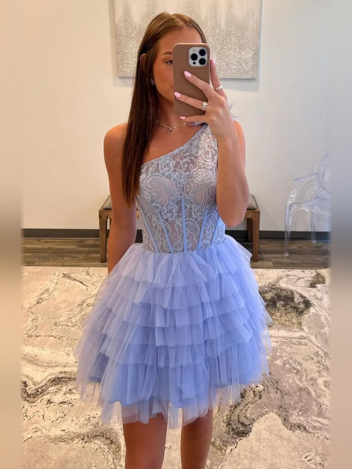 Lavender short homecoming dress, alternate view showing the dress shape and hem