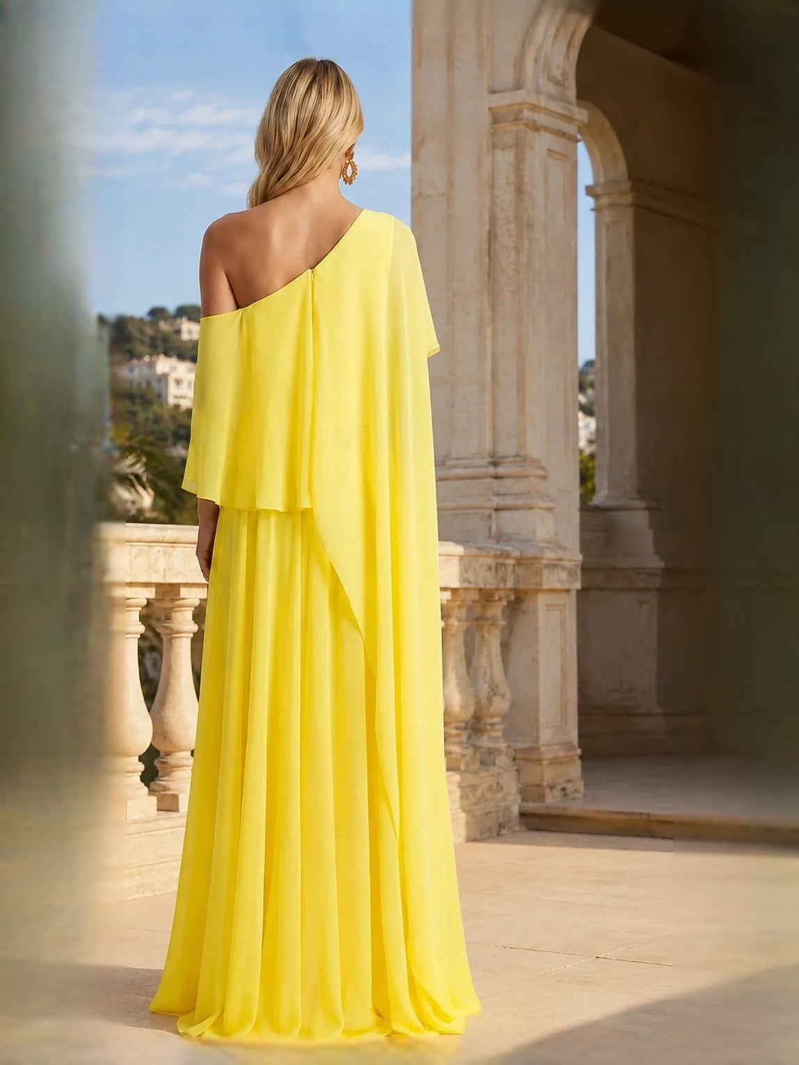 Canary maxi prom dress, alternate view showing the dress shape and hem