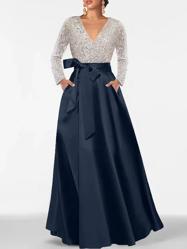 Black a-line floor-length formal dress with floral print, alternate view
