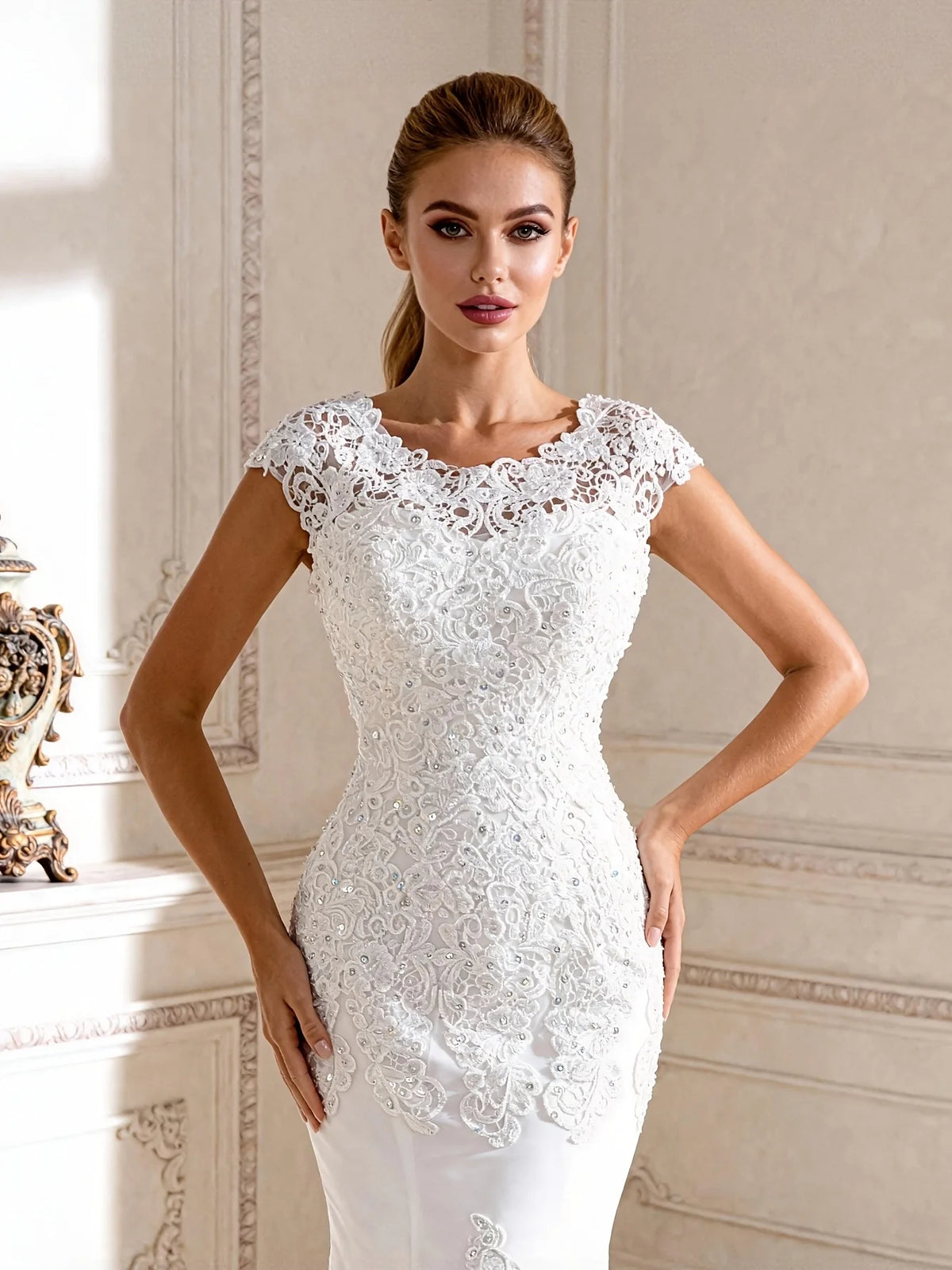 Ivory floor-length wedding dress, alternate view showing the dress shape and hem