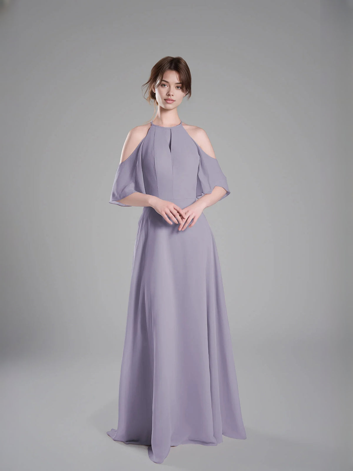 Lilac floor-length bridesmaid dress, alternate view showing the dress shape and hem