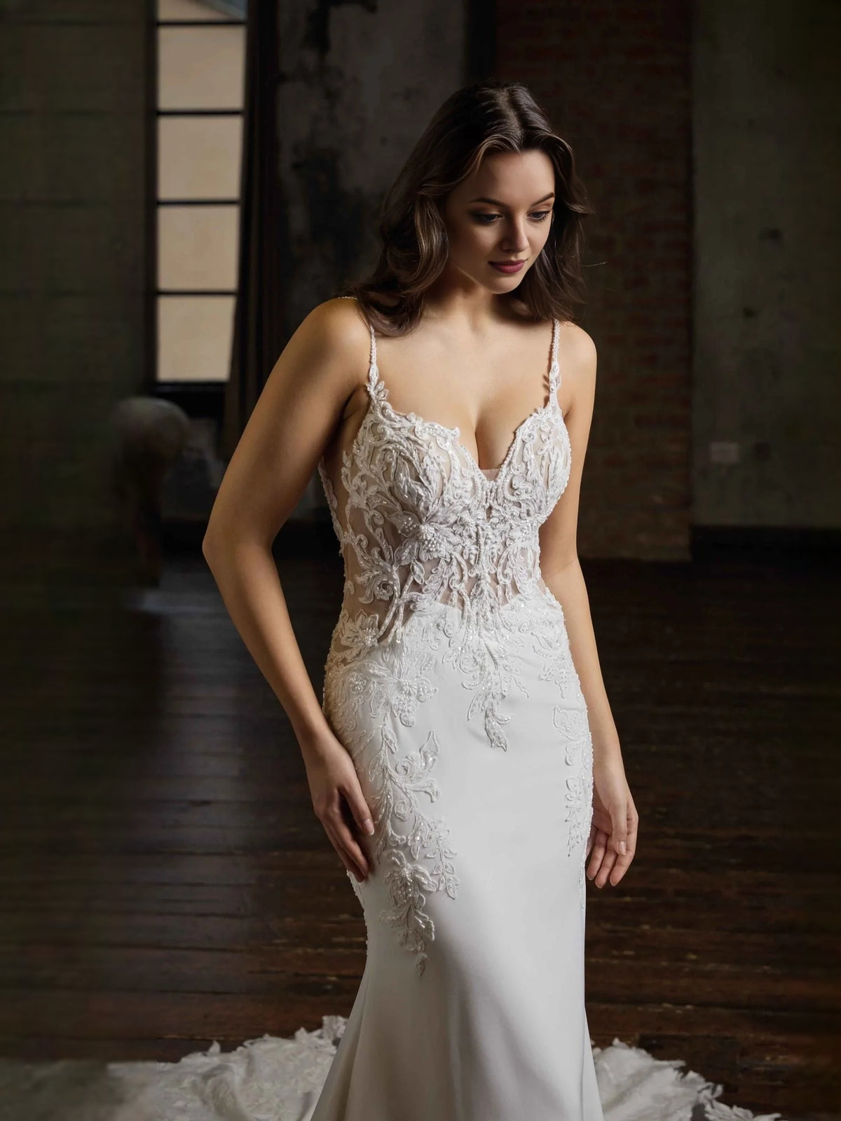 Ivory floor-length wedding dress, alternate view showing the dress shape and hem