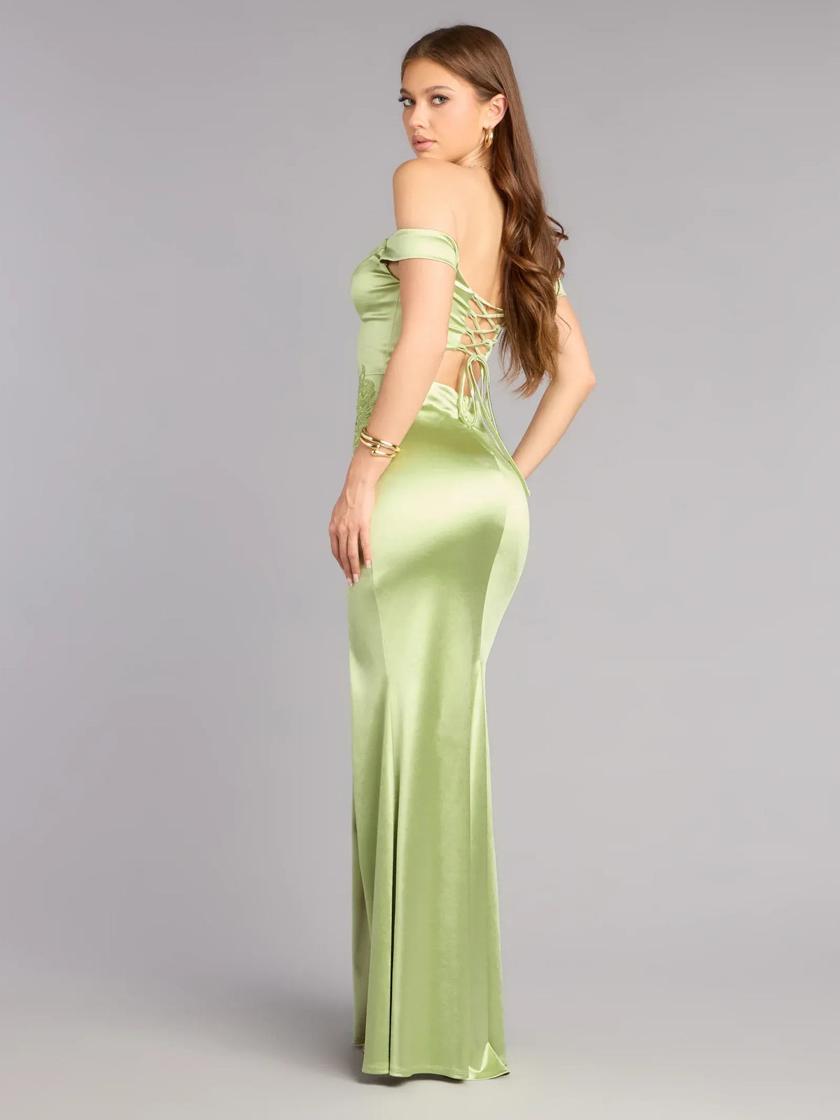 Sage Green maxi prom dress, alternate view showing the dress shape and hem
