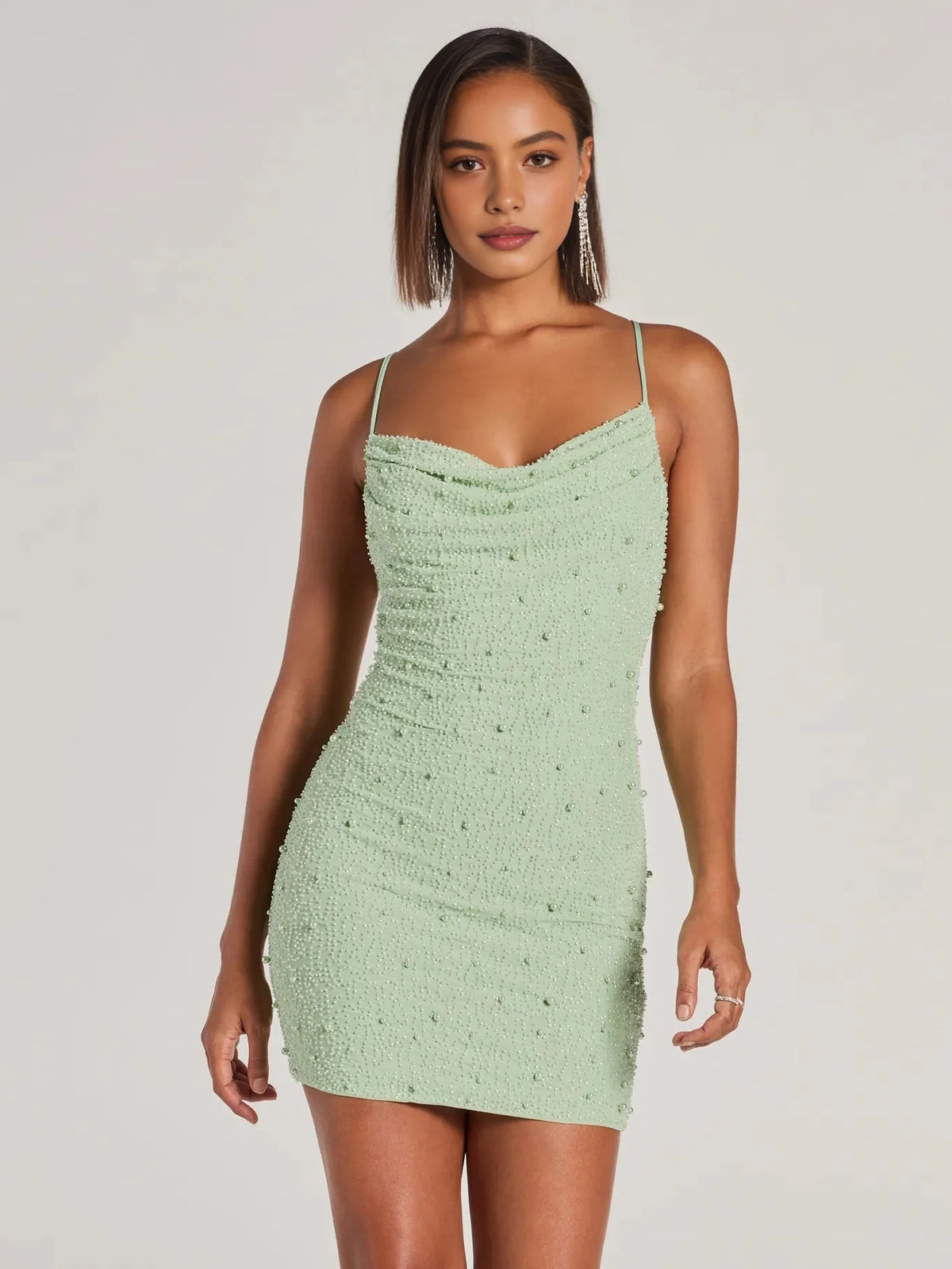Mint Green mini homecoming dress, alternate view showing the dress shape and hem
