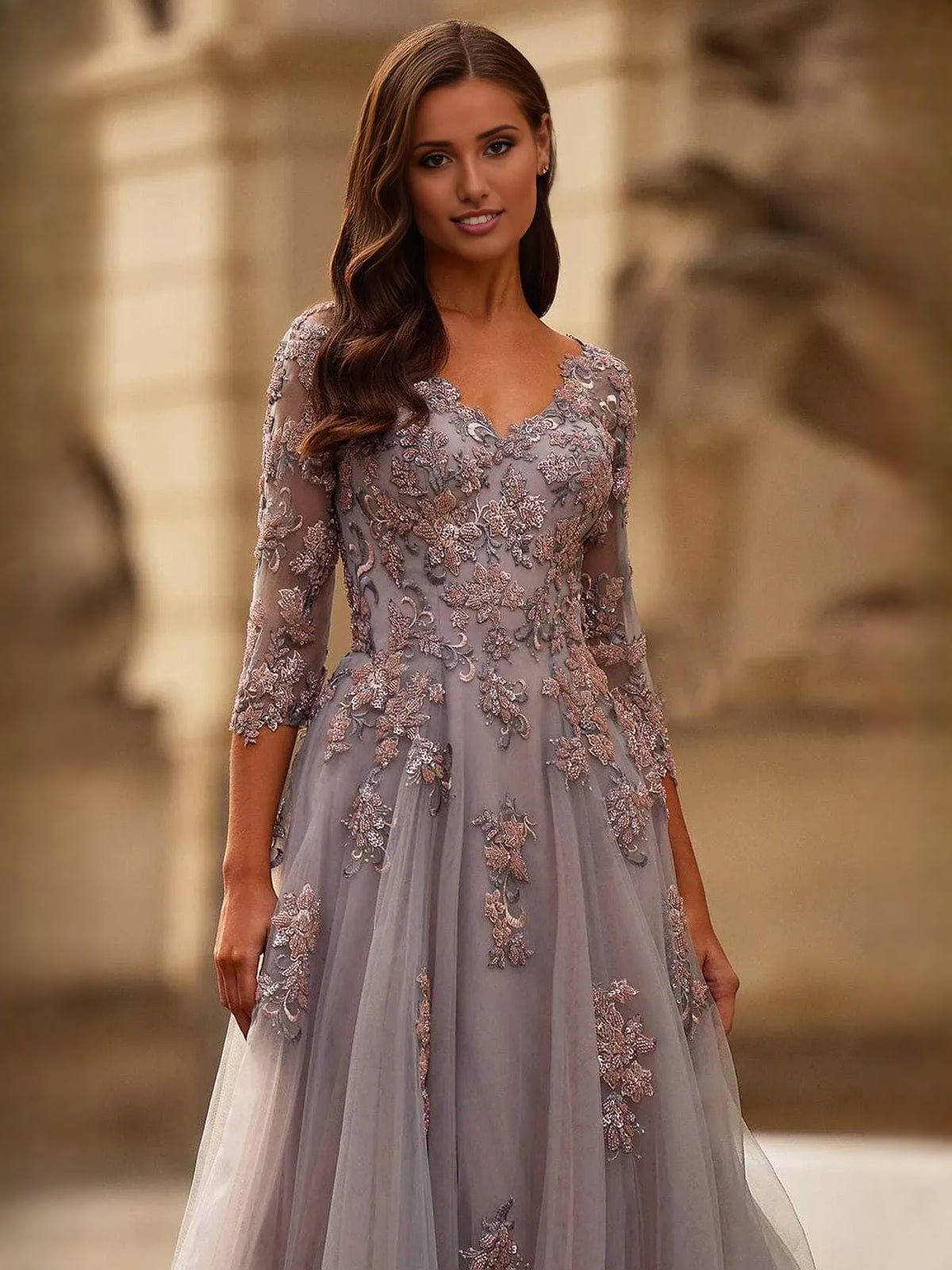 Dusk a-line floor-length formal dress with floral print, alternate view