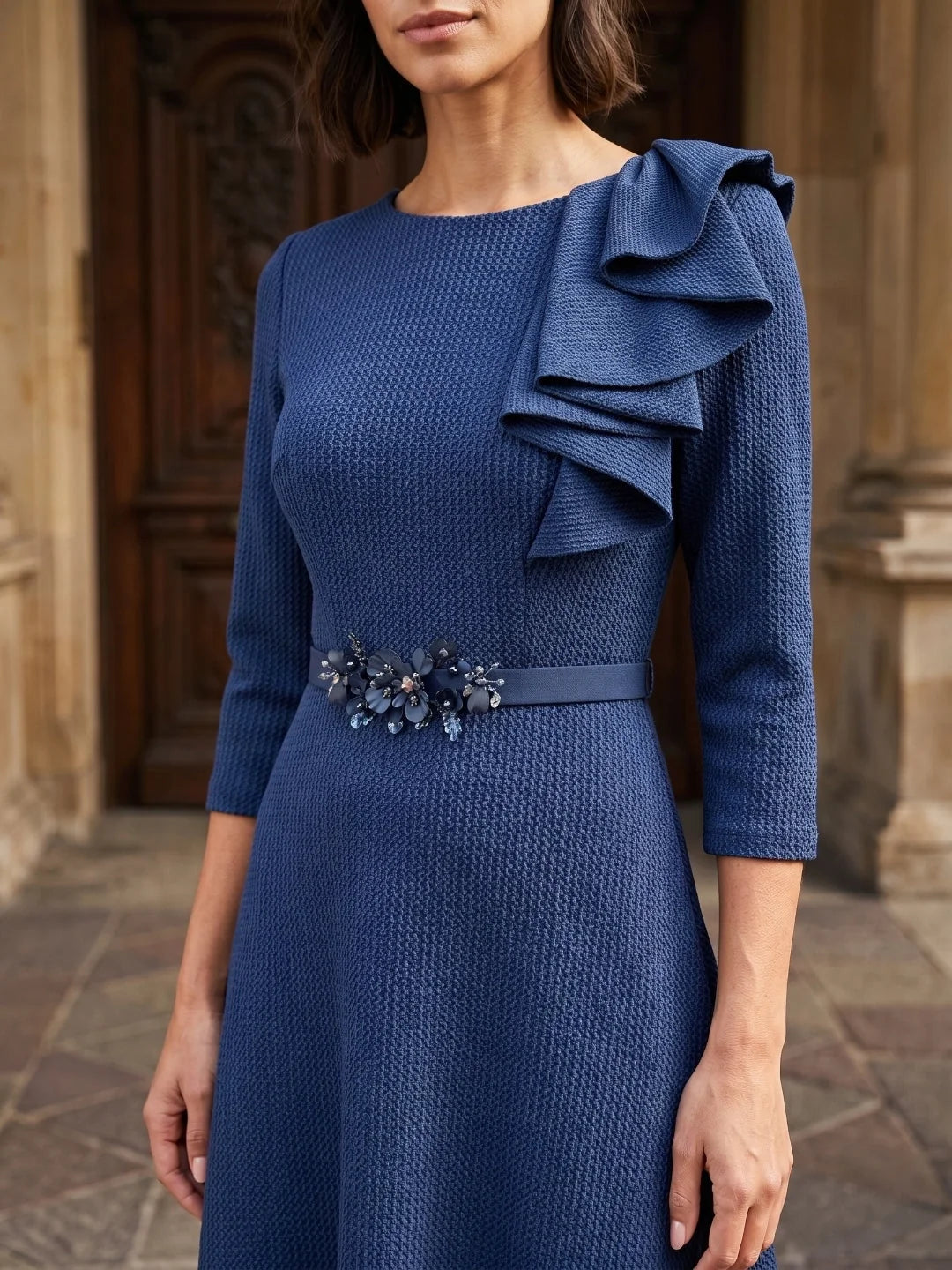Dark Blue midi mother of the bride dress, alternate view showing the dress shape and hem