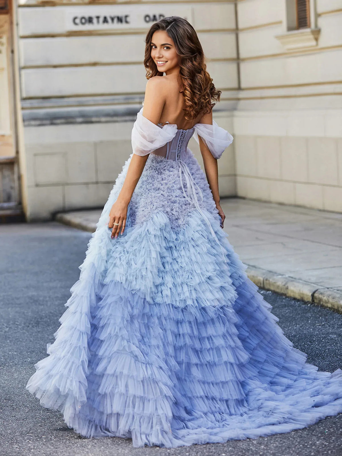 Dusty Blue floor-length prom dress, alternate view showing the dress shape and hem