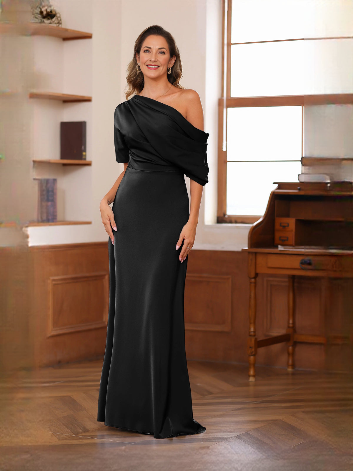 Black floor-length mother of the bride dress, alternate view showing the dress shape and hem