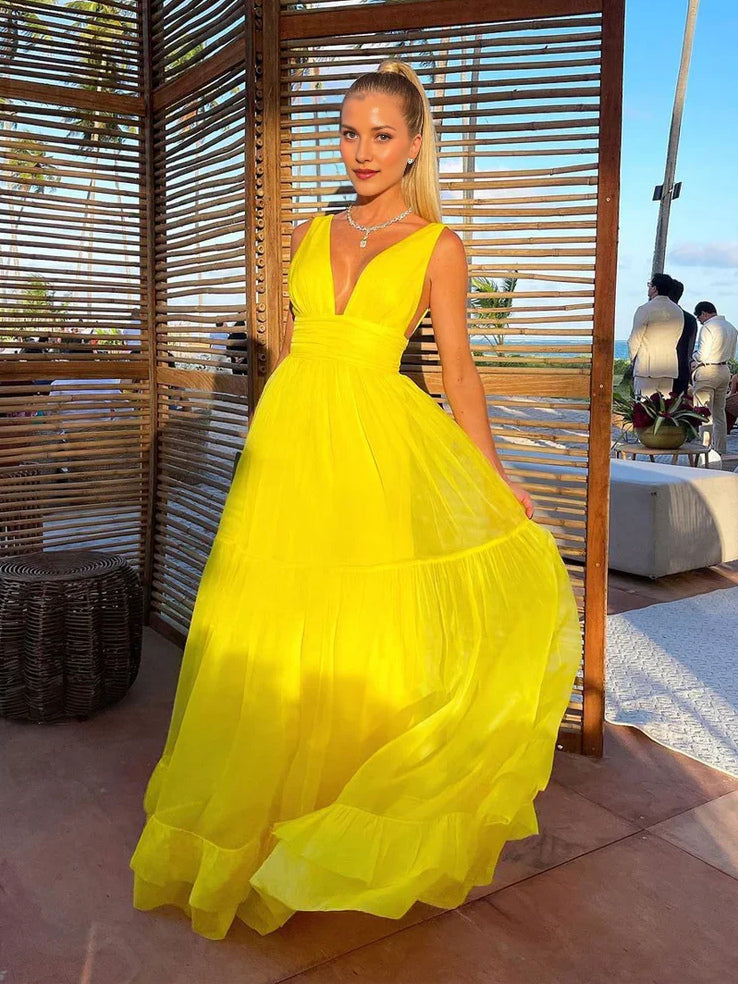 Yellow maxi prom dress, alternate view showing the dress shape and hem