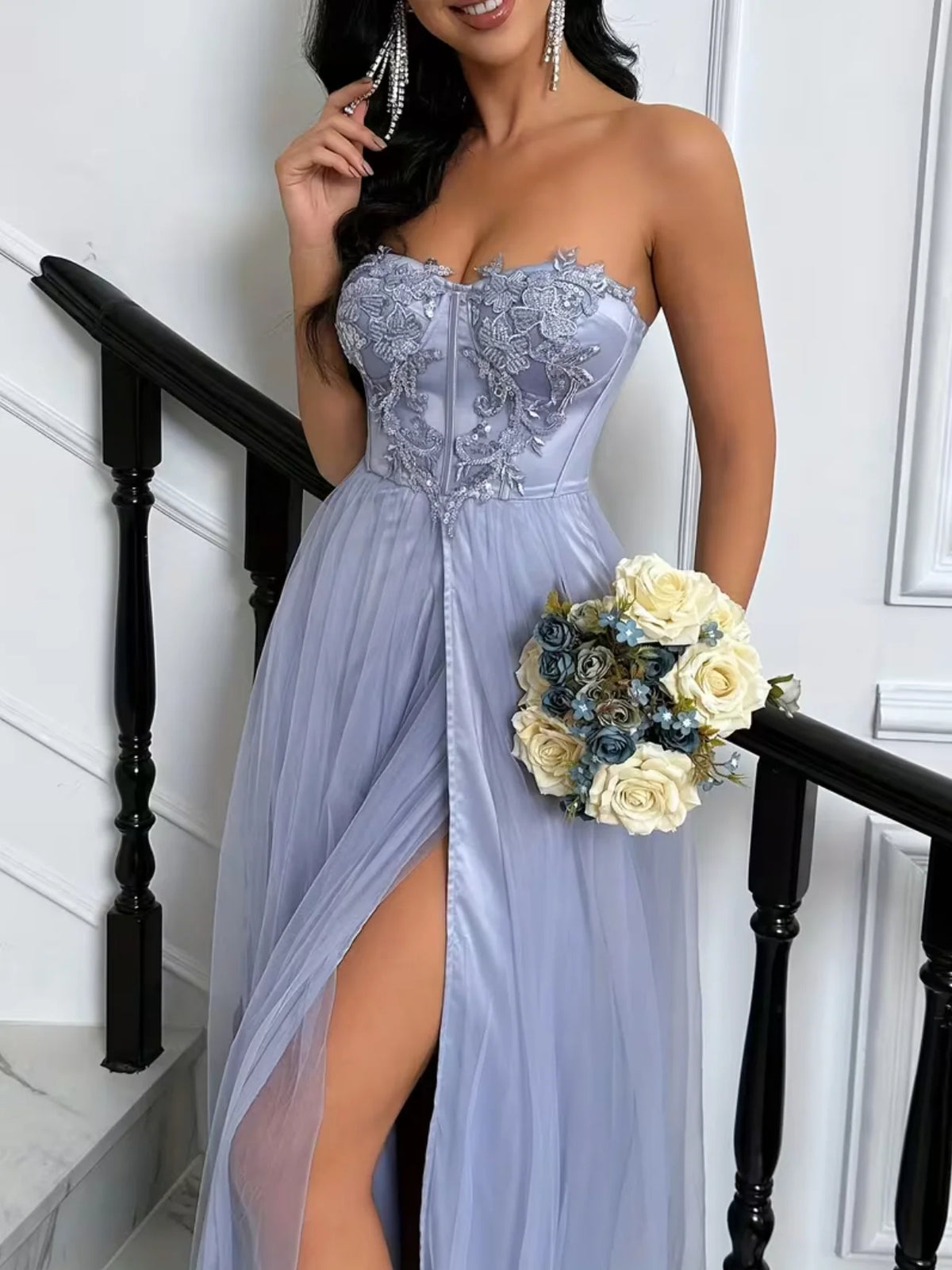 Lavender floor-length bridesmaid dress, alternate view showing the dress shape and hem