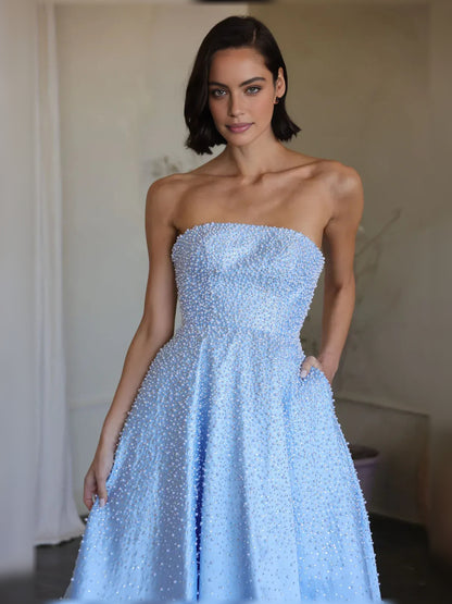 Light Blue floor-length formal dress with beading, alternate view