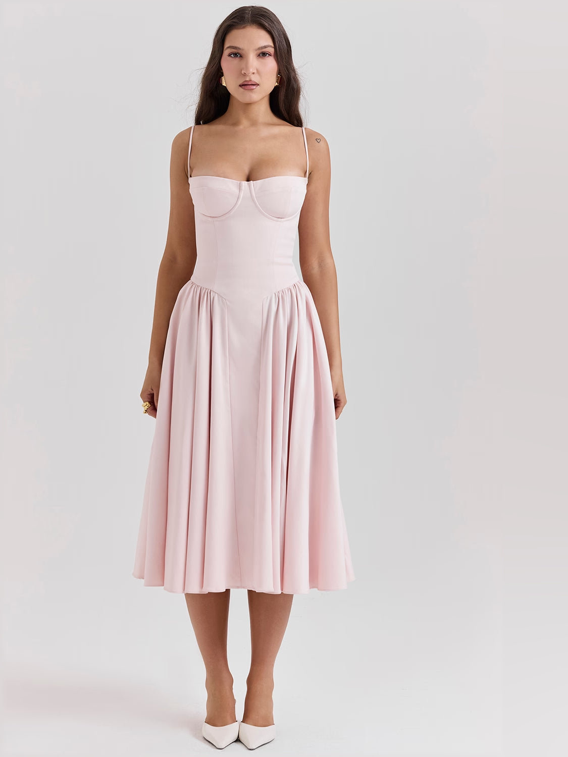 Pink midi formal dress with corset-style bodice, alternate view showing the bodice