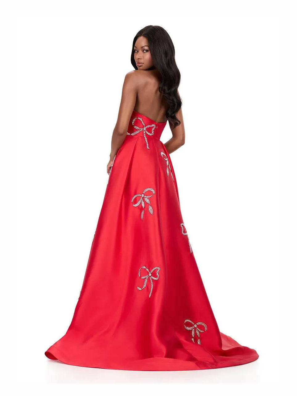 Red maxi prom dress, alternate view showing the dress shape and hem