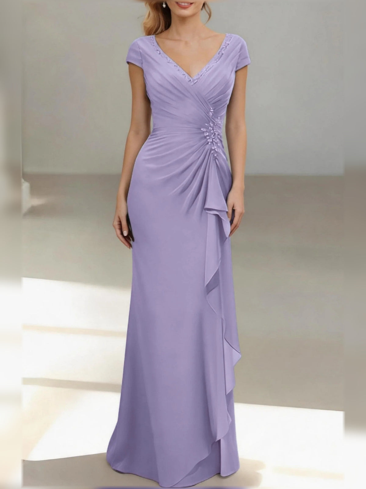Lilac floor-length mother of the bride dress, alternate view showing the dress shape and hem