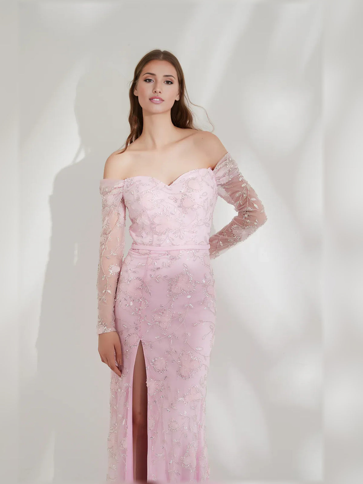Blush Pink mermaid floor-length formal dress with beading, alternate view