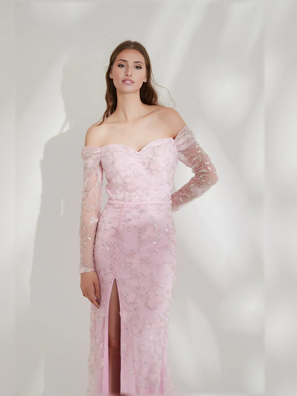 Blush Pink mermaid floor-length formal dress with beading, alternate view