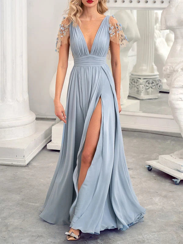 Dusty Blue floor-length bridesmaid dress, alternate view showing the dress shape and hem
