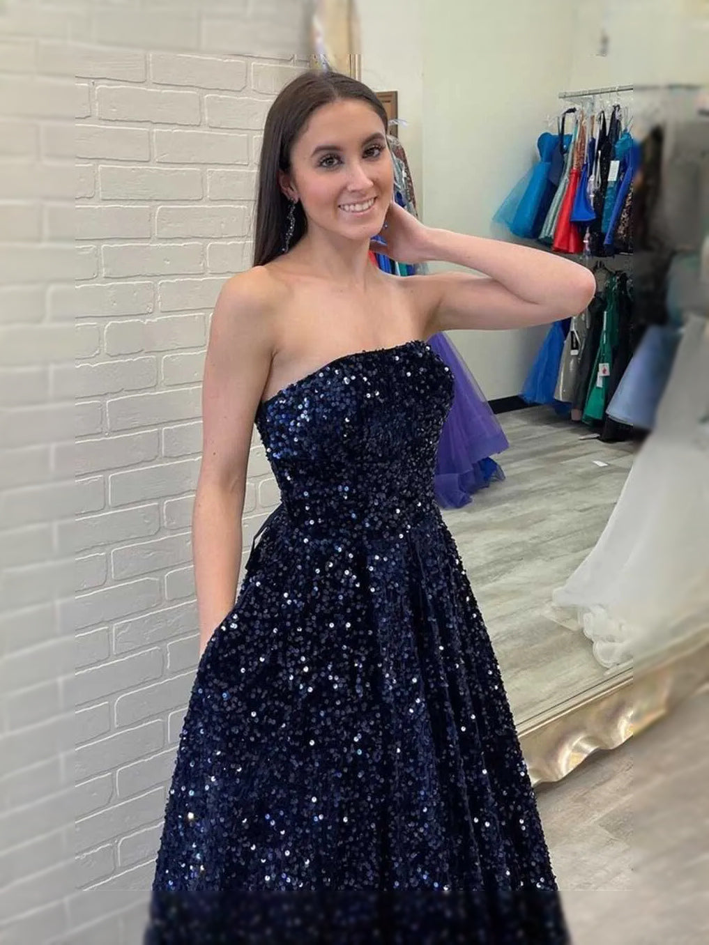 Navy Blue maxi prom dress, back view showing the rear of the dress from another angle