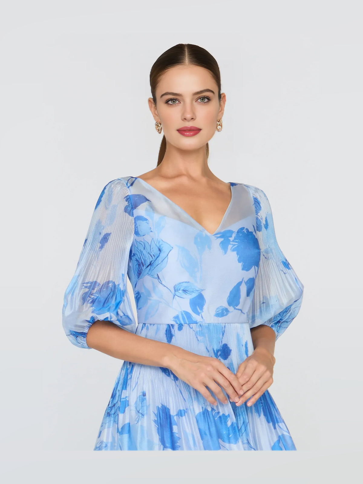 Blue tea-length prom dress, alternate view showing the dress shape and hem