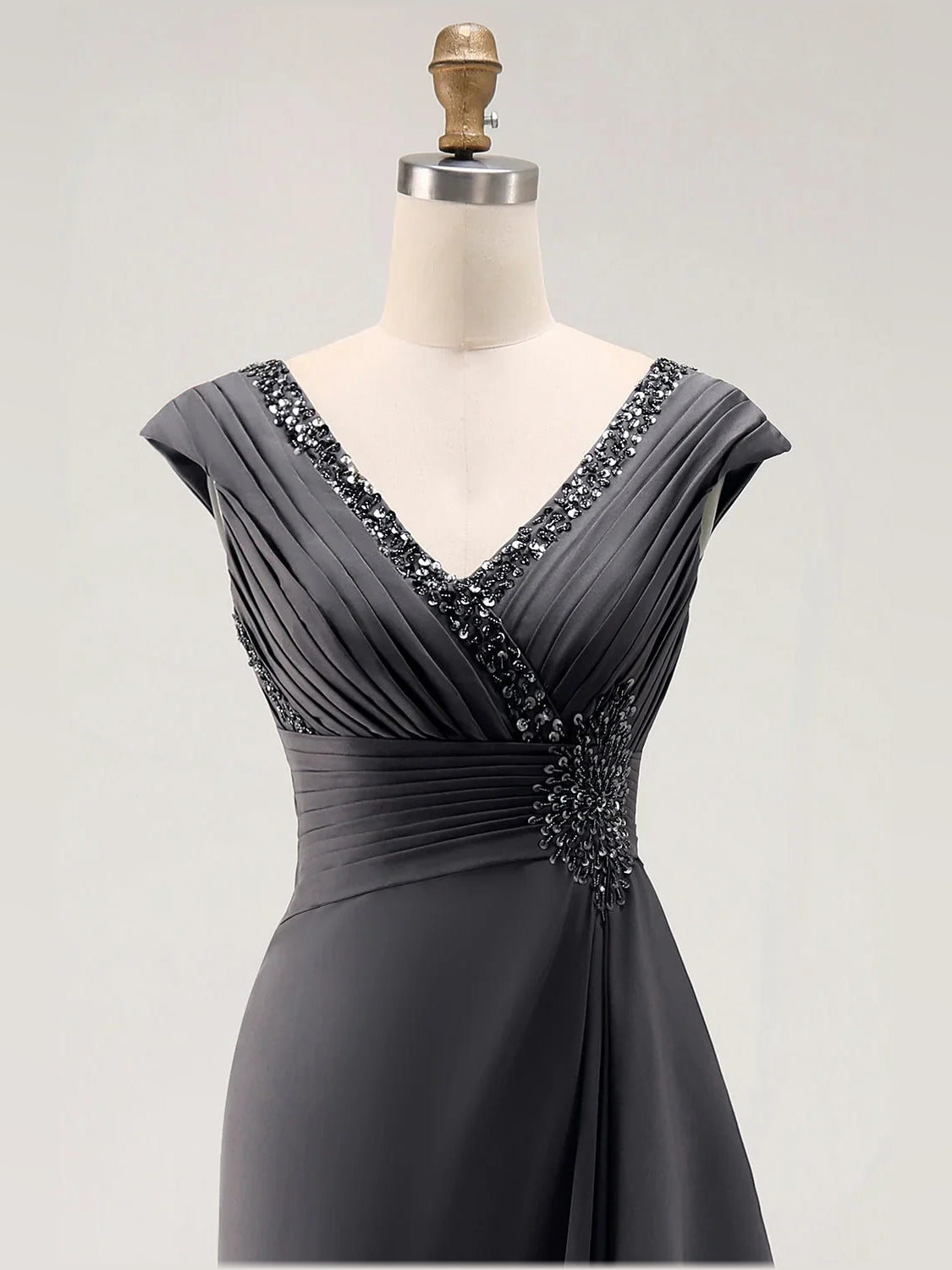 Gray sheath floor-length formal dress with ruching, alternate view