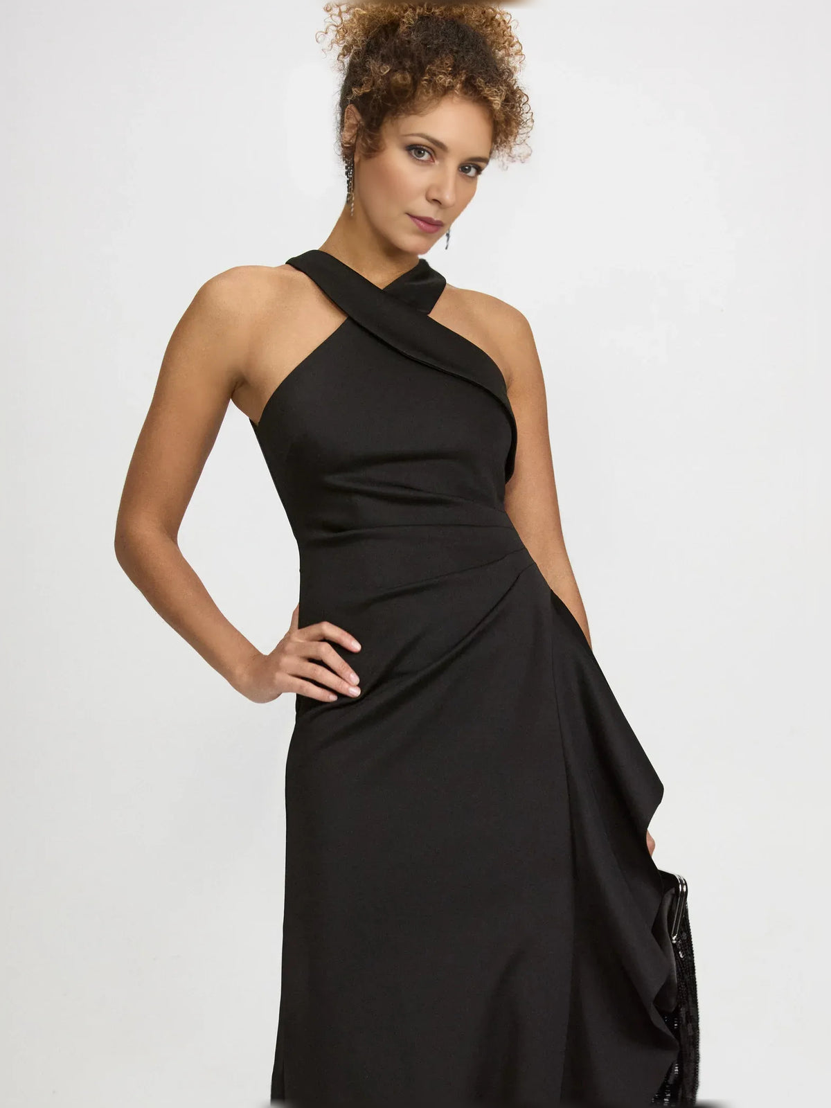 Black sheath floor-length formal dress with ruffle details, alternate view