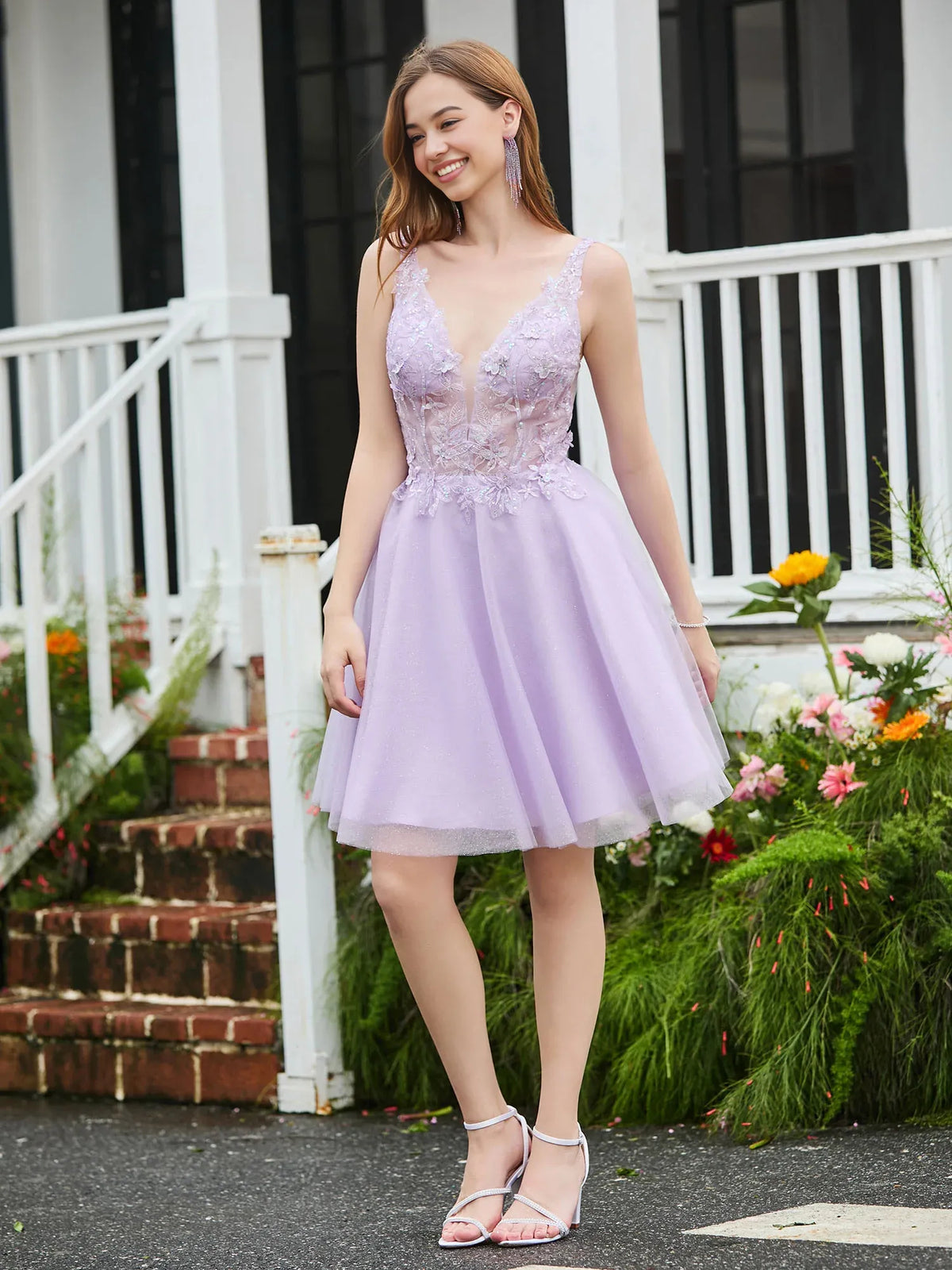 Lilac knee-length homecoming dress, alternate view showing the dress shape and hem