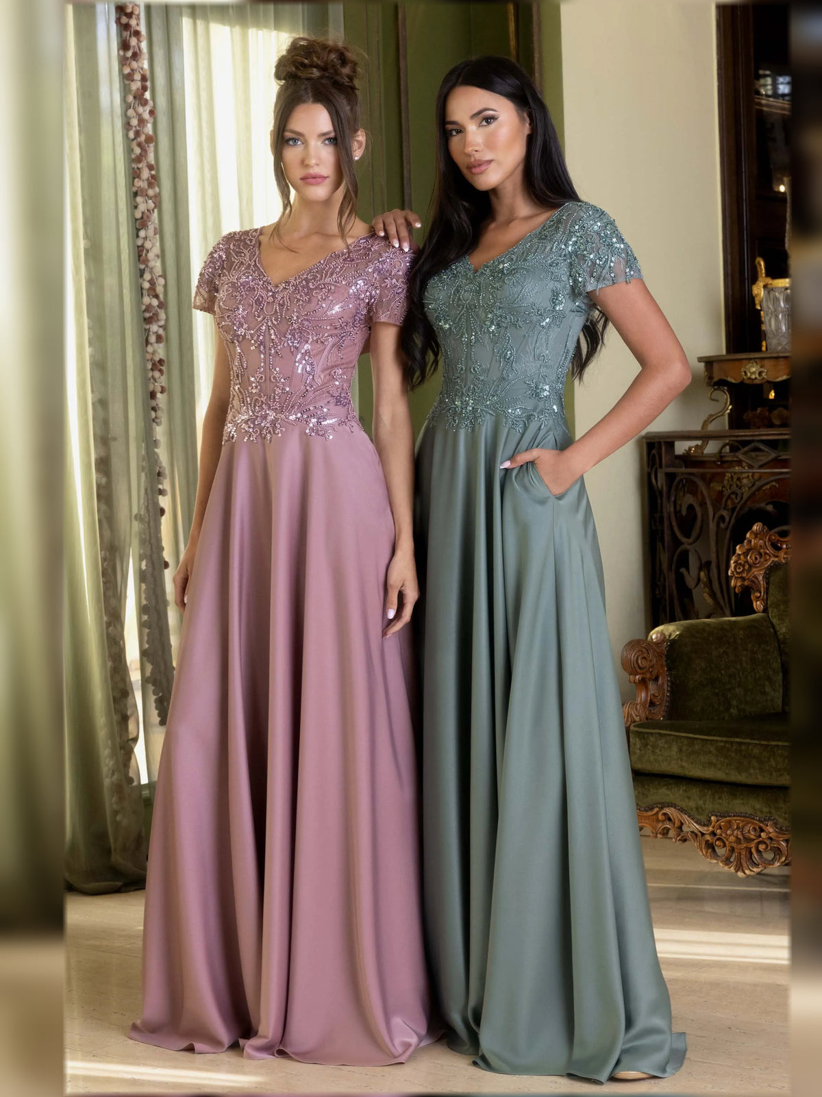 Dusty Rose short mother of the bride dress, alternate view showing the dress shape and hem