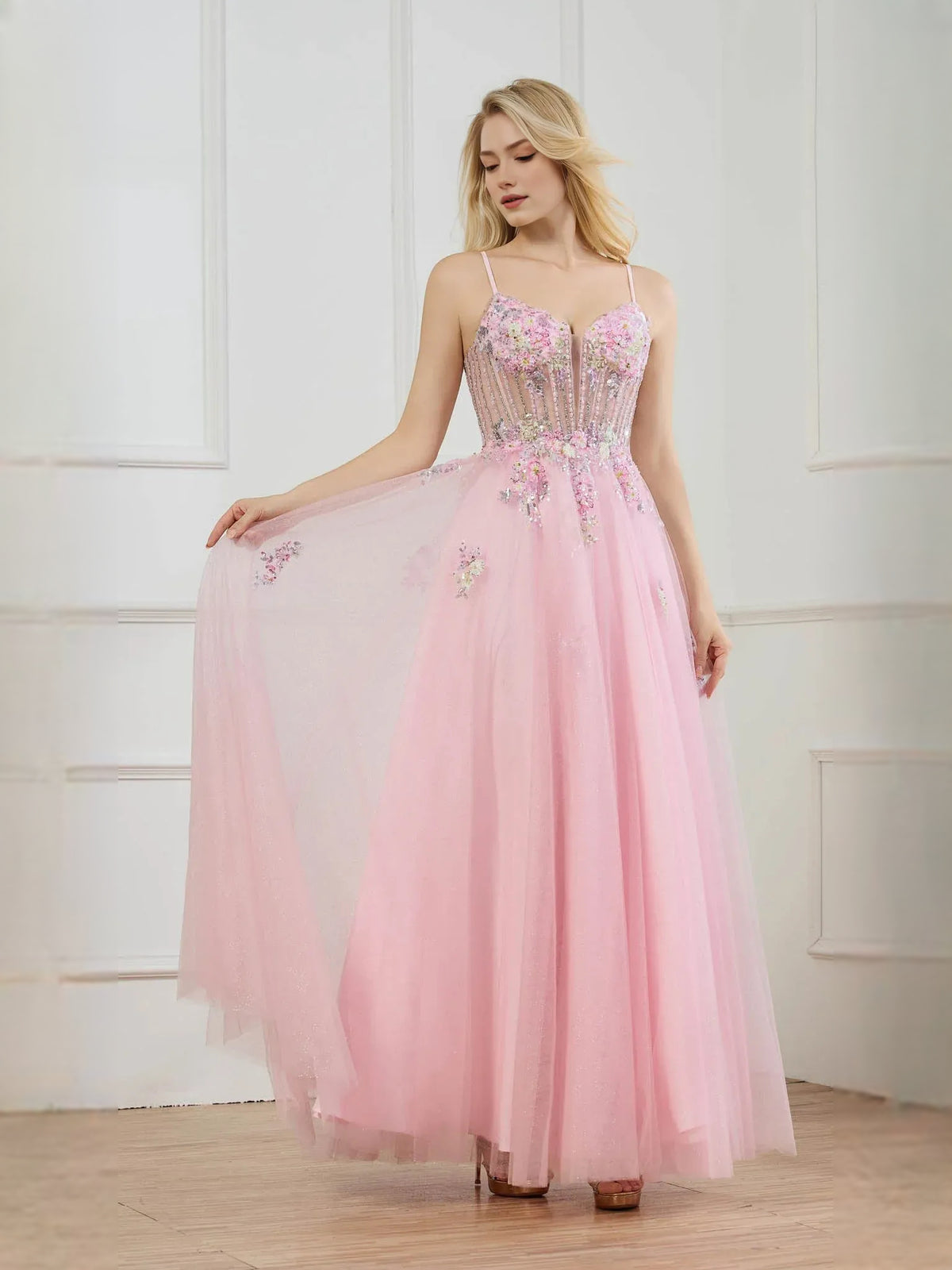 Blush Pink floor-length prom dress, alternate view showing the dress shape and hem