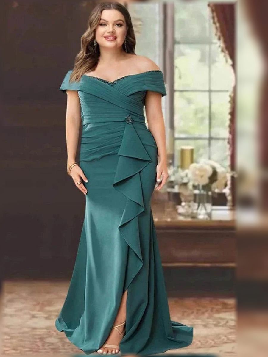 Teal floor-length mother of the bride dress, alternate view showing the dress shape and hem