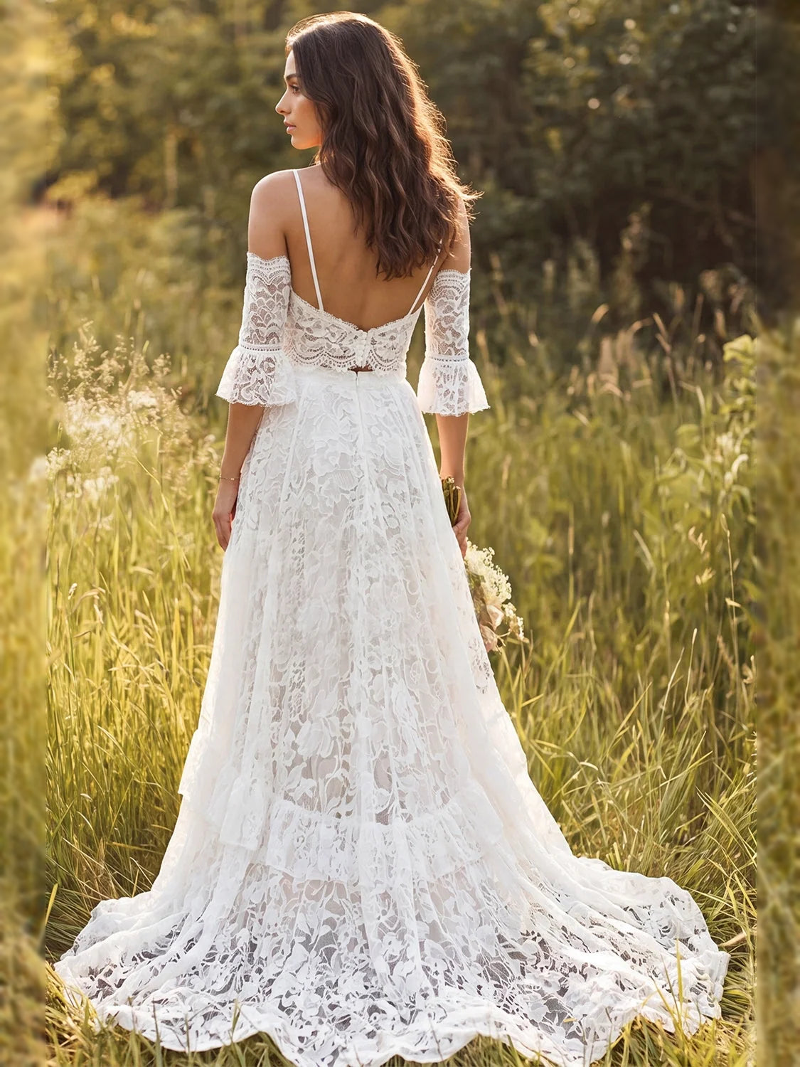 Ivory maxi wedding dress, alternate view showing the dress shape and hem
